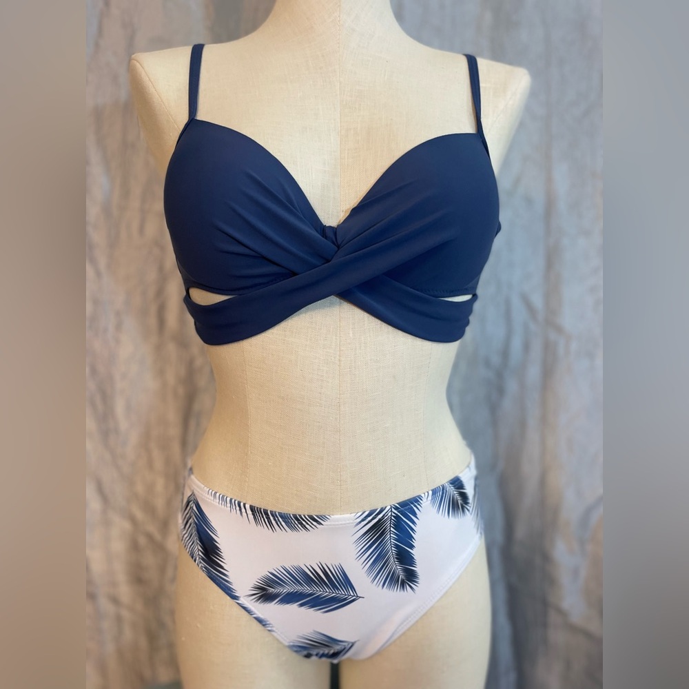 SHEIN bikini- super cute navy top & white bottoms with navy leaves
